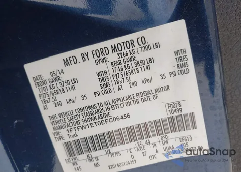 2014 Ford F-150 Xlt из США, поврежденный, VIN 1FTFW1ET0EFC06456